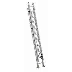 This 20 ft aluminum extension ladder has a fixed fly and a 375 lb load capacity. It weighs 45 lb and includes a rope and pulley for operation. Suitable for industrial access tasks such as maintenance, construction, and facility work.