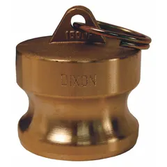 Forged brass dust plug for cam-and-groove couplings. Seals couplers when disconnected to protect internal surfaces from dirt and debris. 1-1/4 in coupling size, 250 psi max working pressure at 70 °F, 2-7/32 in overall length.