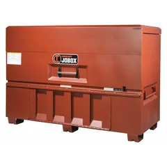 This piano-style jobsite box provides 60.3 cu ft of storage capacity with dimensions 31 in W x 74 in D x 51 in H. It features a padlock hasp for user-supplied locking and a brown finish. Suitable for secure storage of tools and equipment on construction sites and industrial facilities.
