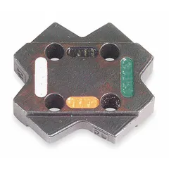 This replacement crimping die is designed for use with Color-Keyed copper and aluminum connectors. It accommodates 1 to 1/0 AWG copper and 4 to 2 AWG aluminum, and is intended for Code crimping applications. The die is green and handles four sizes.