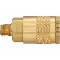Brass quick-connect coupling body for pneumatic systems. Features 1/8"-27 male thread and sleeve locking type for secure connections. Used to connect air tools, hoses, and compressors in industrial applications