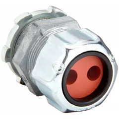 Straight metallic multi-cable grip with steel body and silver finish. Accommodates two cords with diameter range 0.25 in to 0.27 in. Connects via 3/4 in MNPT box connection. Used to secure and seal multiple cables entering enclosures in industrial wiring applications.
