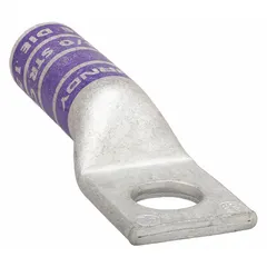 Copper compression lug for terminating 4/0 AWG stranded wire to a 1/2 in stud. Long-barrel design accommodates full cable entry. Used in power distribution, switchgear, and heavy equipment connections.