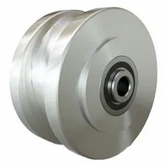 U-groove wheel designed for guided linear motion on flat or angle-iron track systems. Wheel diameter 4 in, width 2 in, load capacity 750 lb, for 1/2 in axle size. Suitable for material handling, conveyor systems, and industrial door applications.