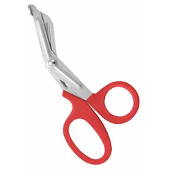 These offset plastic-handle scissors feature straight stainless steel blades with a rounded tip and red handles. With a 7-inch overall length, they are designed for cutting canvas and similar materials in textile and upholstery applications. The ambidextrous grip allows comfortable use by either hand.