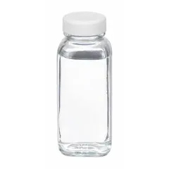 Rectangular glass lab bottle with a 125 mL capacity and 33-400 mm screw closure size. Colorless, clear body allows visual inspection of contents. Not graduated and supplied without closure. Suitable for general laboratory storage, mixing, and sampling.