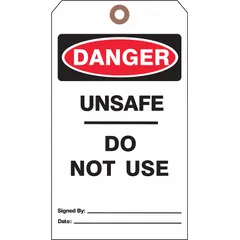White single-part lockout tagout tags with cotton string fastener. Each tag displays a danger legend on one side. Supplied in a 25-pack for use in industrial lockout/tagout procedures to identify equipment or circuits that are unsafe to operate.