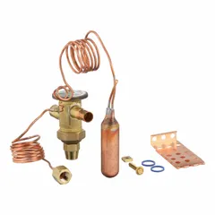 This Parker thermostatic expansion valve replacement kit is designed for R-22 refrigerant systems. It features a 1/2 inch female connection and includes a 1/2 inch ODM x Chatleff outlet adapter. The valve offers field-adjustable superheat for precise control. Suitable for use in commercial refrigeration and air conditioning equipment requiring R-22 expansion valve replacement.
