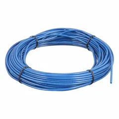 Metric polyurethane tubing with 4 mm inner diameter and 6 mm outer diameter, 100 ft length, blue color. Shore A 90 to 95 hardness provides flexibility and abrasion resistance. Maximum operating pressure 170 psi at 180°F. Suitable for pneumatic and fluid transfer applications.