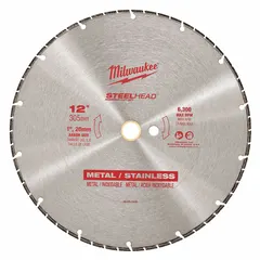 This 12-inch diameter metal-cutting blade features a 1-inch arbor and is designed for dry operation. It is suited for cutting stainless steel in self-propelled saws, commonly used in fabrication, demolition, and construction tasks.