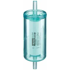 Disposable compressed air filter with nylon housing for 1/4 in tube connections. Removes particulates down to 0.01 micron at 12 cfm with 93% efficiency, operating up to 230°F. Used to protect pneumatic tools, valves, and instrumentation from contamination in compressed air systems.