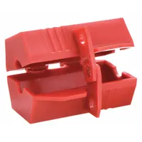 Red polypropylene encasing lockout for 2-prong, 110V AC plugs with a maximum plug diameter of 1 7/10 in. Designed to isolate plugs during maintenance, preventing accidental re-energization in lockout/tagout procedures