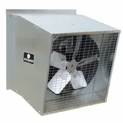 Belt-drive slant-wall exhaust fan with a 48-inch blade, 1 hp motor, and 20,000 cfm airflow. Features a galvanized steel frame and Totally Enclosed Air Over motor enclosure. Operates on 115/230V AC single-phase power. Suitable for high-volume air removal in industrial and commercial spaces.
