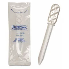 V-shaped powder lance with 0.5 fl oz capacity and 3-inch handle length. White finish. Designed for scooping and transferring dry powders in laboratory and industrial settings.