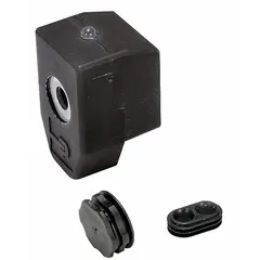 Plug-in type solenoid coil for industrial valve actuation. Operates on 120V AC and 24V DC power supplies, providing dual-voltage flexibility. Suitable for use in pneumatic and hydraulic circuits to control valve opening and closing in automated systems.