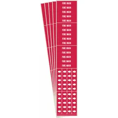 Red adhesive pipe markers with white 'Fire Main' legend and directional arrows. Each pack contains 3 markers for pipe outer diameters of 3/4 inch and smaller. Used to identify fire suppression piping in industrial and commercial facilities.
