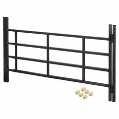 This hinged window security bar system is constructed from carbon steel with a black finish. It features four horizontal bars and adjusts from 32 1/2 to 54 inches in width, with a fixed height of 21 1/4 inches. Designed for inside mounting, it allows the window to open for ventilation while providing a physical barrier against forced entry.