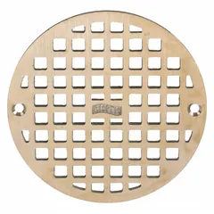 Class A light-duty floor drain grate for covering drains in indoor areas with light foot traffic. Round shape, 5 5/8 in overall diameter, 3/8 in overall height. Constructed of nickel bronze with a bronze color family finish. Suitable for use in restrooms or similar environments where corrosion resistance is needed.