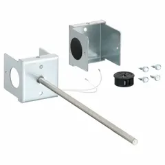 Hardwired duct temperature sensor with metal conduit box housing for duct mount installation. Features averaging measurement with ±0.34°F accuracy over a -50°F to 70°F range. Includes two hex-head self-drilling screws. Compatible with building automation systems for monitoring and controlling HVAC duct air temperature.