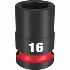 This 1/2" drive impact socket features a 16 mm metric, 6-point design for use with impact wrenches. The black phosphate finish provides corrosion resistance. Suitable for fastening and loosening metric hex nuts and bolts in automotive repair, industrial maintenance, and heavy equipment assembly.