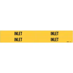 Yellow adhesive pipe markers with black legend reading 'Inlet', designed for pipe outer diameters from 3/4 to 2-3/8 inches. Each pack contains 4 markers without arrows, suitable for identifying inlet piping in industrial facilities.