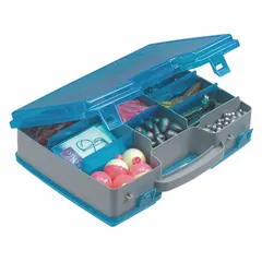 This plastic compartmented box features 26 compartments and 10 adjustable dividers for organizing small parts such as fasteners, fittings, and electronic components. The gray/blue unit is not electrostatic discharge conductive. Suitable for workshop or industrial storage applications.