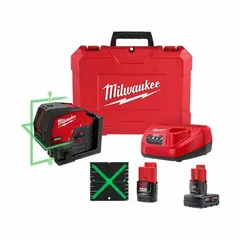 Green beam cross-line and dot laser level with electronic self-leveling. Projects one horizontal and one vertical line plus two dots. Accuracy ±1/8 in @ 33 ft. Powered by M12 battery system. Includes carrying case. Used for layout, alignment, and leveling in construction and installation tasks.