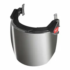Reusable face shield assembly for hard hats with a silver mirrored visor and scratch-resistant coating. X-ray detectable for safety compliance. Compatible with BOLT™ series hard hats. Suitable for industrial environments requiring protection from impacts, splashes, and debris.