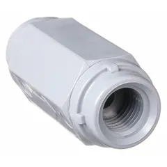 This inline PVC ball check valve prevents backflow in piping systems. The PVC body resists corrosion, and the stainless steel ball provides reliable sealing. Suitable for 1/4 inch pipe lines in water, chemical, and industrial applications.