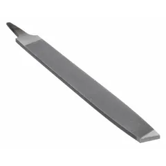 This 12-inch tapered double-cut rectangular file features a bastard cut for general-purpose material removal and shaping. With a width of 1 3/16 inches and thickness of 9/32 inches, it is suited for deburring, smoothing, and stock removal on metals. The natural finish and coarse cut make it effective for metalworking applications.