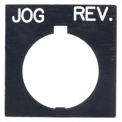 Rectangular legend plate for 30 mm panel-mounted push-button operators. Black non-metallic body with white 'Jog Rev' legend in English. Overall dimensions 1 in height by 1 1/2 in width. Includes notch for alignment. Used to label control functions in industrial control stations.