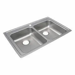 This two-bowl counter-mounted sink is designed for drop-in installation in kitchen and bar settings. It features two basins for washing and rinsing, with a bowl depth of 4 inches. The sink is finished in a silver/gray color and measures 33 inches in overall length and 21 1/4 inches in overall width.