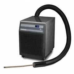 Refrigerated immersion cooler with a minimum temperature setting of -100 °C. Operates on 120V AC. Dimensions: 20 1/8 in x 22 1/4 in x 15 in. Used for low-temperature control in laboratory and industrial processes, such as cooling reaction vessels, condensers, and analytical instruments.