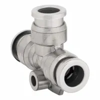 SMC Push-Fit Tee Fitting: 3/8 in OD x 3/8 in OD x 3/8 in OD Size, Stainless Steel, Silver (MPN KQG2T11-00)