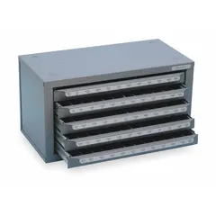 This chest provides 60 compartments for storing fractional drill bits from 33/64 in to 63/64 in in 64th increments. It is suited for organizing drill bits in machine shops, toolrooms, and maintenance facilities.