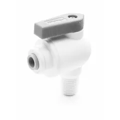 This one-piece angle-body ball valve is made of polypropylene and features a lever handle. It has Push x MNPT connections for secure piping in tight spaces. Suitable for flow control in corrosive or chemical fluid systems.