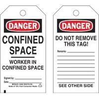 White cable-tie tags with black/red/white printing, supplied in a 25-pack. Each tag includes fields for worker name, signature, and date, along with a 'Do Not Remove This Tag' notice. The cable-tie fastener allows secure attachment to equipment or barriers. Used for marking confined spaces and identifying workers, supporting safety compliance in industrial environments