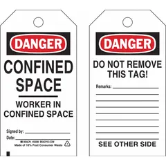 White cable-tie tags with black/red/white printing, supplied in a 25-pack. Each tag includes fields for worker name, signature, and date, along with a 'Do Not Remove This Tag' notice. The cable-tie fastener allows secure attachment to equipment or barriers. Used for marking confined spaces and identifying workers, supporting safety compliance in industrial environments.