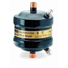 Steel shell filter drier for HCFC refrigerant systems. Designed for 23-ton systems with 1/2-inch female sweat connections and 4.4-inch length. Removes moisture, acid, and contaminants to protect system components.