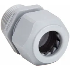 Straight nylon cable grip with 3/4 in MNPT box connection for cord diameters 0.45 to 0.71 in. Gray body, IP66 rated, 2 in overall length. Used to seal and secure cables entering electrical enclosures, panels, or junction boxes in environments where moisture or dust is present.