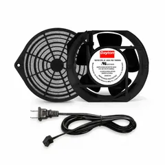 This Dayton standard oblong axial fan kit is designed for cooling and ventilation in enclosures, control panels, and electronic cabinets. It features a 6 3/4 in height and 2 in depth for installation in confined spaces. The fan operates at 120V AC, has an IP20 rating for protection against solid objects, and includes terminals and a cord set with NEMA 1-15 plug. The housing is constructed of aluminum.