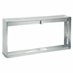Rectangular fire damper with dynamic rating, designed for vertical mounting. Features curtain blade type and spring closure. Measures 23 3/4 inches wide, 11 3/4 inches high, and 3 3/4 inches long. Used in HVAC ductwork to prevent flame and smoke spread.