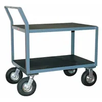 This low-profile instrument cart features flush metal shelves for stable transport of heavy equipment and materials. With a 1200 lb capacity, it is suited for industrial facilities such as workshops, warehouses, and manufacturing floors. The cart has overall dimensions of 54 in L x 25 in W x 43 in H, a flush lip design, semipneumatic wheels, and (2) rigid casters