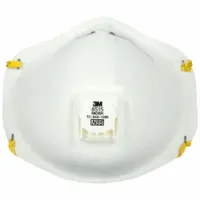 White molded N95 respirator with metal nose clip and dual non-adjustable headstraps. Medium mask size with standard face seal and exhalation valve. Suitable for protection against non-oil-based particulates in welding and grinding environments