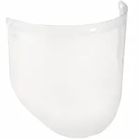 This 3M face shield features a clear, uncoated propionate visor measuring 14 1/2 inches wide by 9 inches high. The visor is reusable and designed for general-purpose splash and impact protection. The clear headgear completes the assembly. Suitable for industrial, laboratory, and healthcare environments where face protection from debris or fluids is required