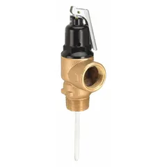 This ASME Section IV temperature and pressure relief valve features a bronze body with MNPT x FNPT connections. It is designed to protect water heaters and boilers from overpressure and overtemperature by automatically discharging water when safe limits are exceeded.