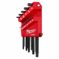 This 13-piece L-shaped hex key set includes SAE sizes with a single ball end for angled access. The black oxide finish provides corrosion resistance. The set is organized in a holder for convenient storage and portability, suitable for tightening or loosening hex fasteners in confined spaces.