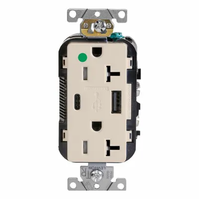 LEVITON Receptacle: Duplex, 5-20R, 1 USB Ports, USB Type A/C, Light Almond, 125V AC - Hospital-Grade Receptacles with USB Chargers