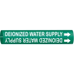 Green snap-on pipe marker with white legend reading 'Deionized Water Supply' and directional arrows. Fits pipe outer diameters from 1-1/2 to 2-3/8 inches. Used to identify deionized water supply lines in piping systems, aiding in quick visual identification and reducing cross-connection risks.