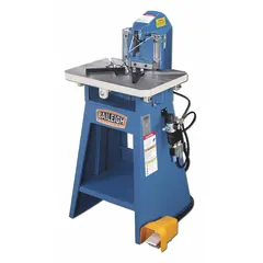 Air-powered sheet metal notcher designed for cutting 90° notches in steel up to 11 ga. Features a 5 in x 5 in notch size and a 1/4 in NPT male air inlet. Suitable for fabrication, HVAC ductwork, and metalworking applications requiring clean corner cuts.